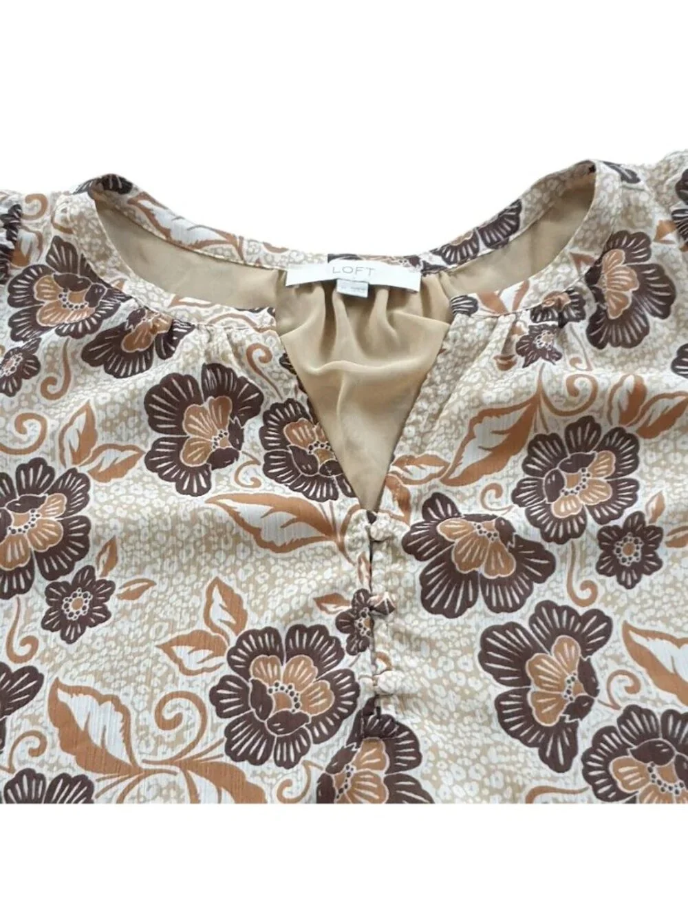 Loft Womens Floral Puff Sleeve Blouse Beige Brown Medium Lightweight V Neckline